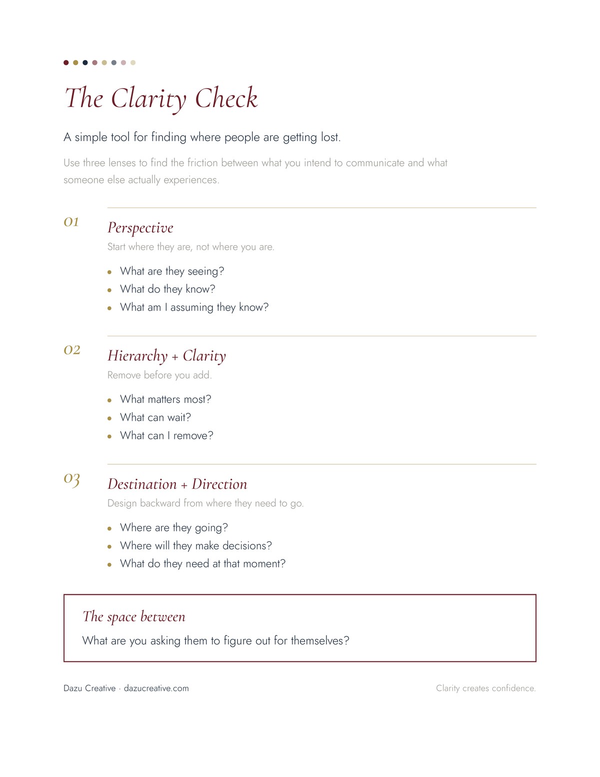 The Clarity Check, a one-page guide with three lenses: Perspective, Hierarchy + Clarity, and Destination + Direction.